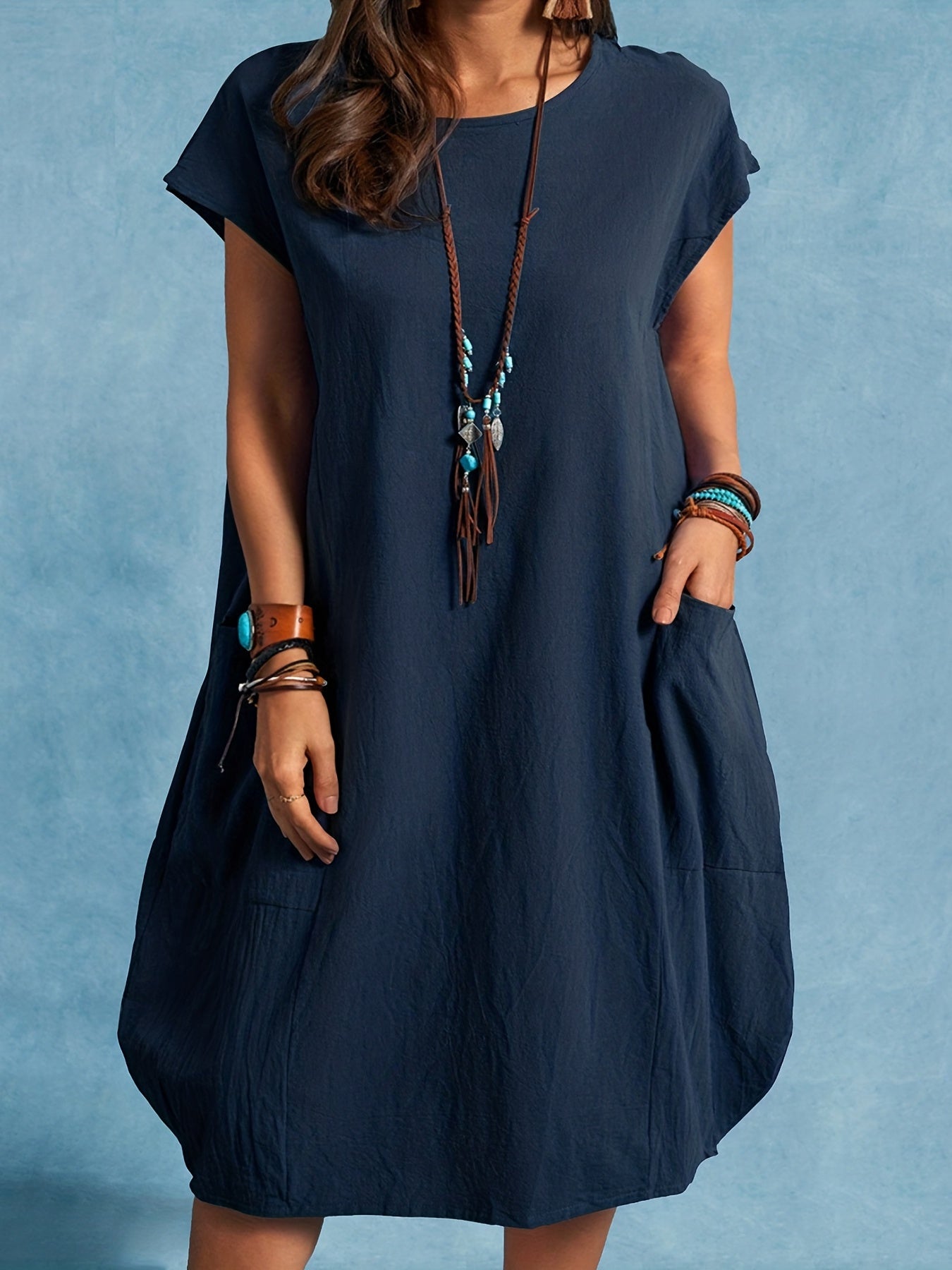 Damen Freizeitkleid Lockeres Tunika Sommerkleid mit Taschen – Bequemes Alltagskleid im Boho-Stil