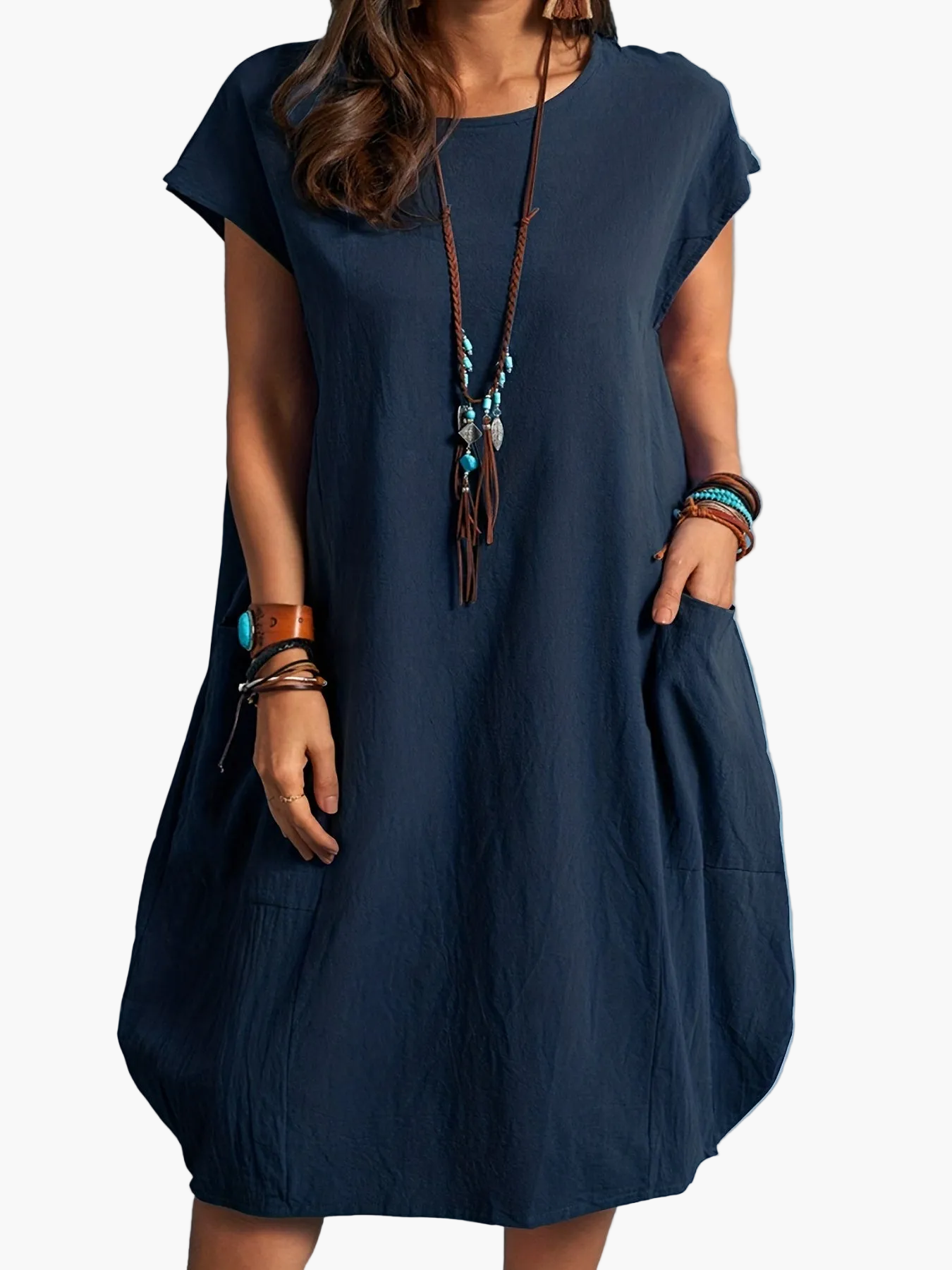 Damen Freizeitkleid Lockeres Tunika Sommerkleid mit Taschen – Bequemes Alltagskleid im Boho-Stil