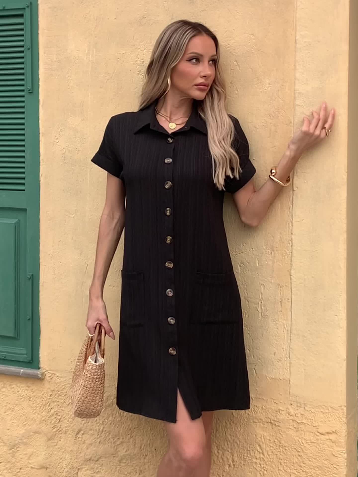 Damen Freizeit Hemdblusenkleid mit Knopfleiste und Taschen – Lässiger Sommer-Stil