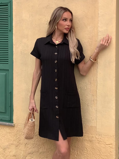 Damen Freizeit Hemdblusenkleid mit Knopfleiste und Taschen – Lässiger Sommer-Stil