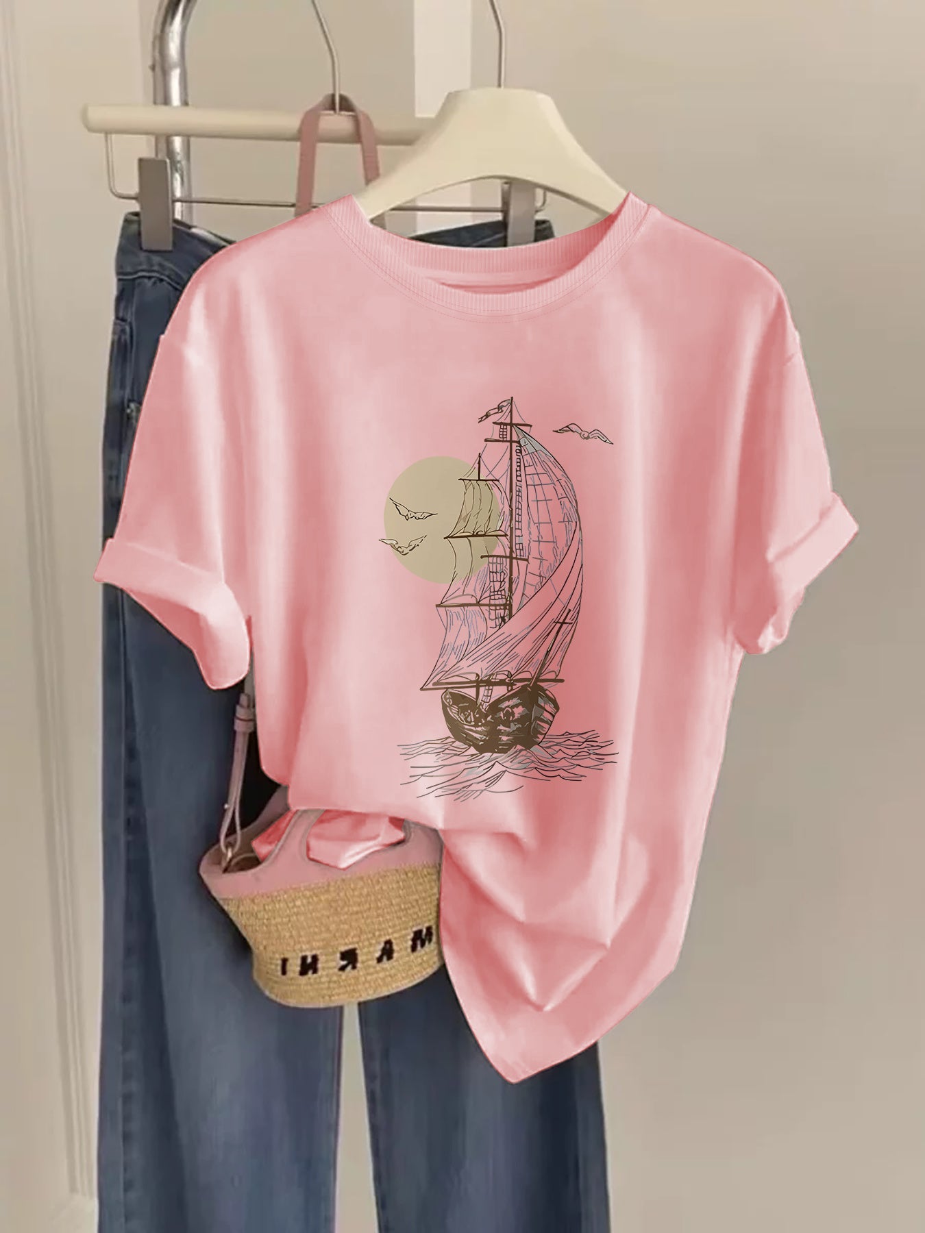 Damen Vintage T-Shirt mit Segelschiff Print – Lockeres Freizeitshirt im maritimen Stil