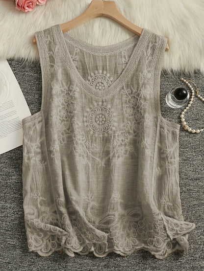 Damen Boho Stickerei Top ärmellos mit Blumenmuster und Lochspitze – Freizeit & Sommer Party Look