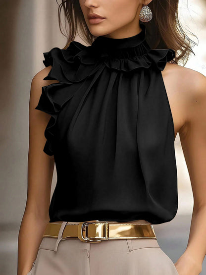 Damen Rüschenbluse mit Stehkragen – Elegante ärmellose Bluse für festliche Anlässe und Büro