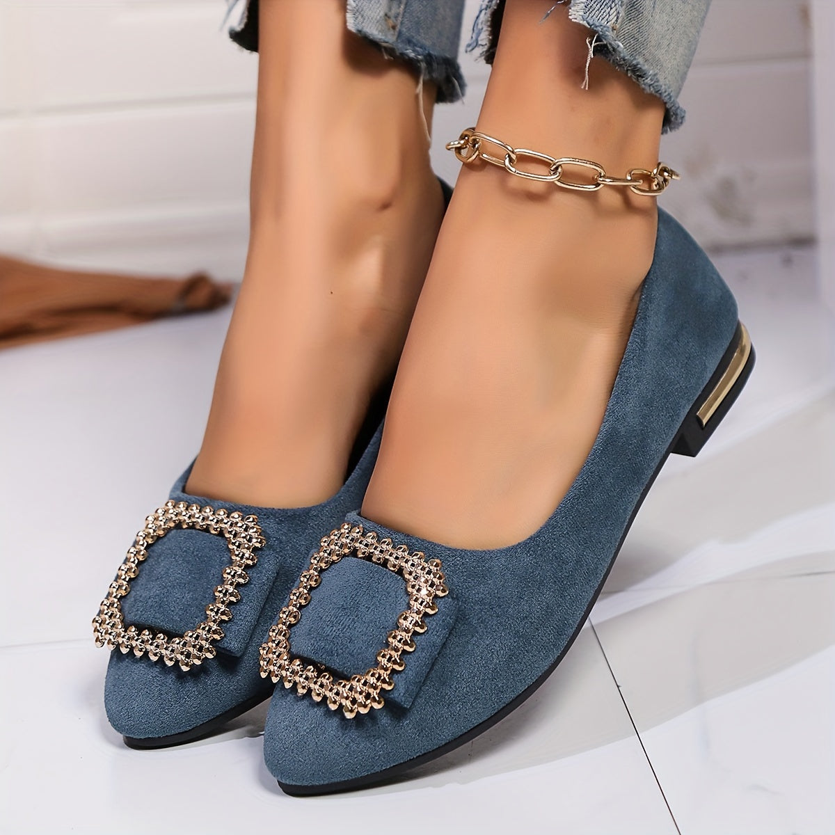 Damen Elegante Slip-On Ballerinas mit Glitzer-Schnalle – Ideal für Alltag & besondere Anlässe