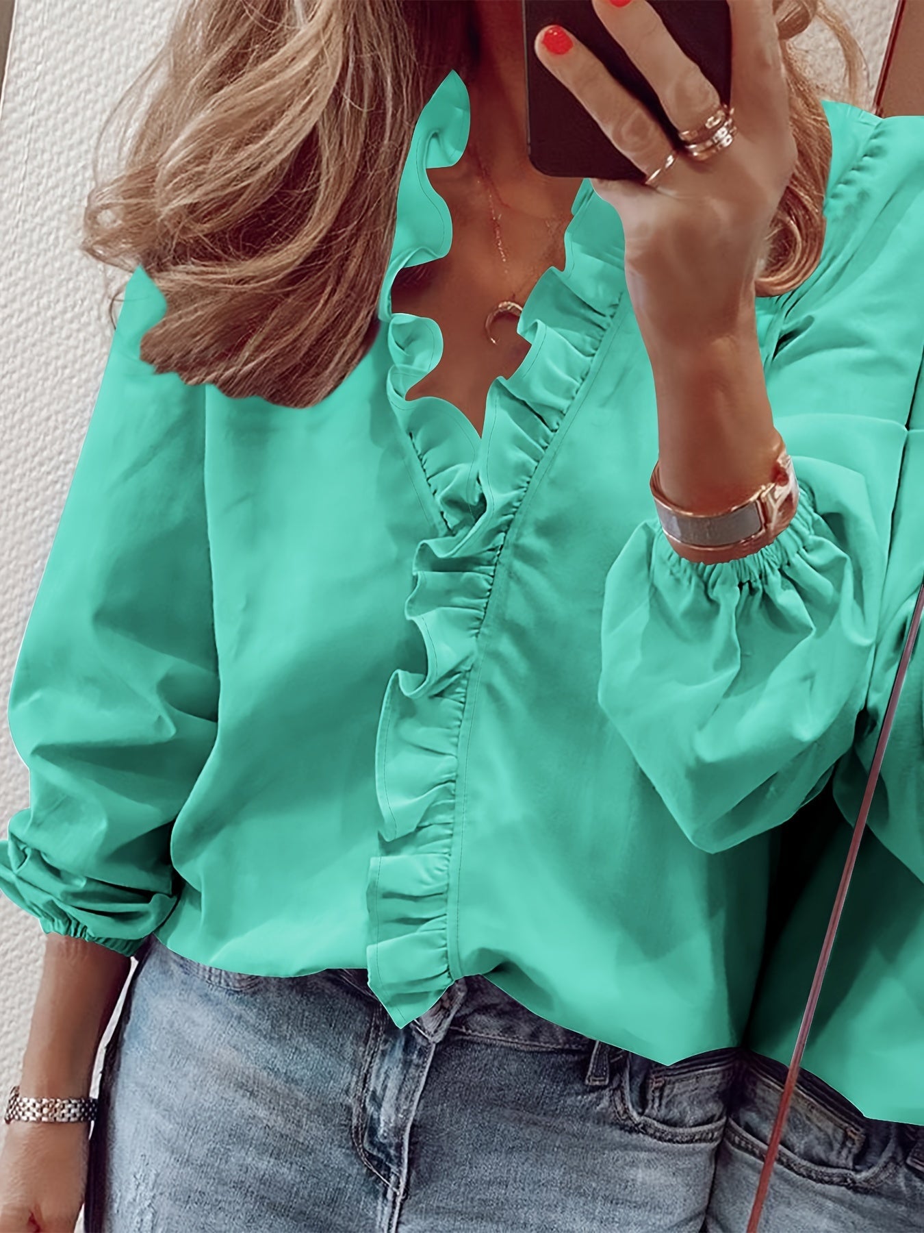Damen Rüschenbluse Elegant Freizeit-Look V-Ausschnitt