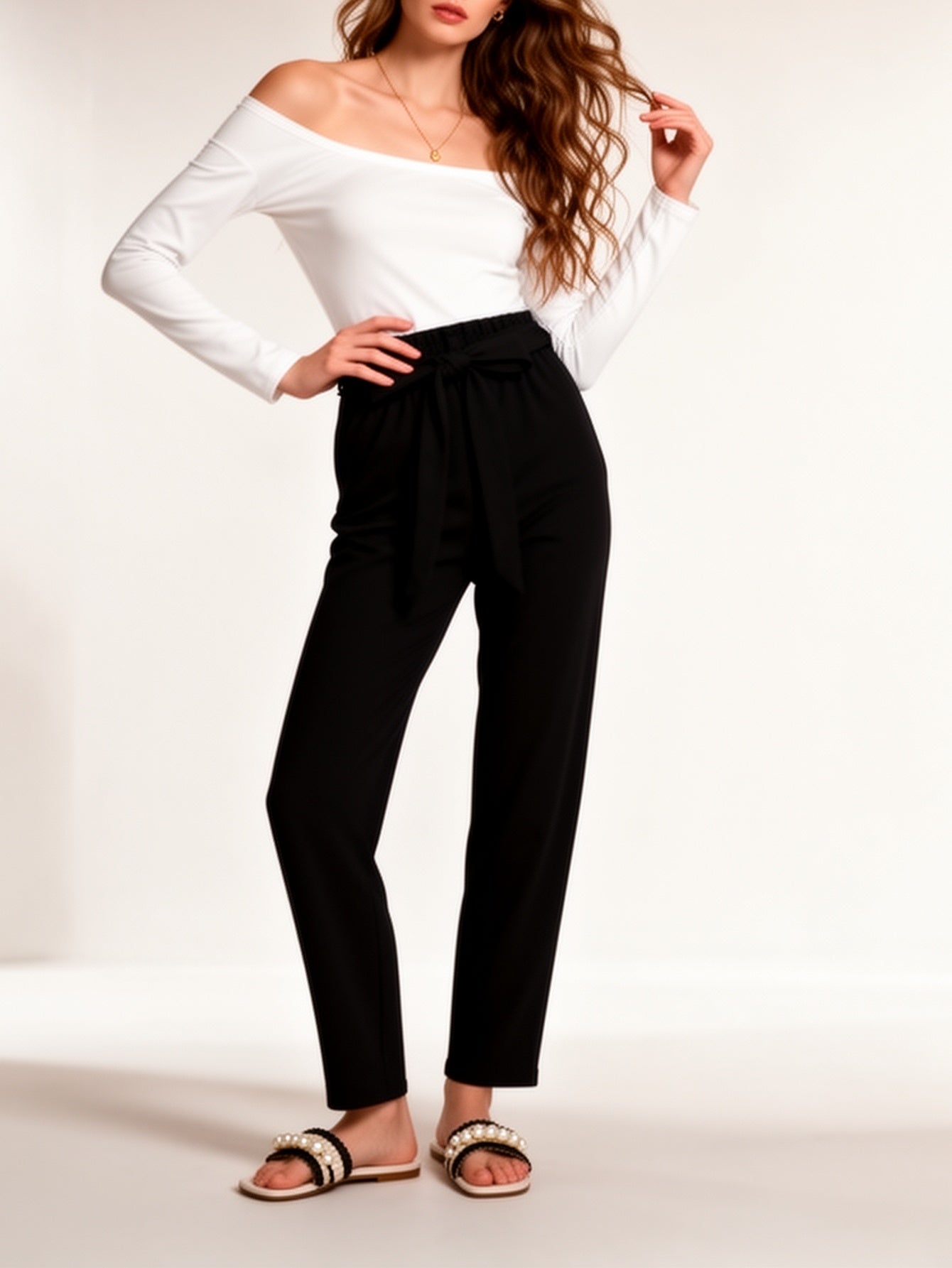 Damen Elegante Off-Shoulder Bluse mit Paperbag-Hose – Perfektes Outfit für Alltag und Büro