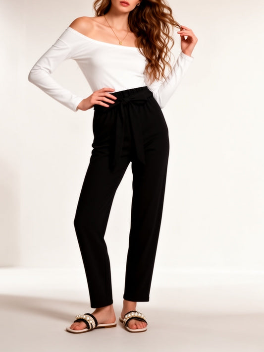 Damen Elegante Off-Shoulder Bluse mit Paperbag-Hose – Perfektes Outfit für Alltag und Büro