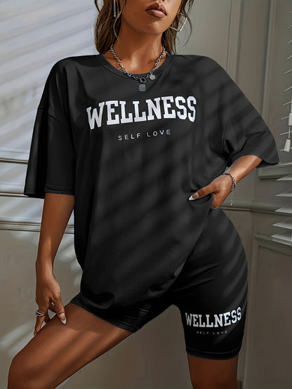 Damen Wellness Lounge Set Oversize T-Shirt & Radlerhose – Entspanntes Freizeit-Outfit mit Motivdruck