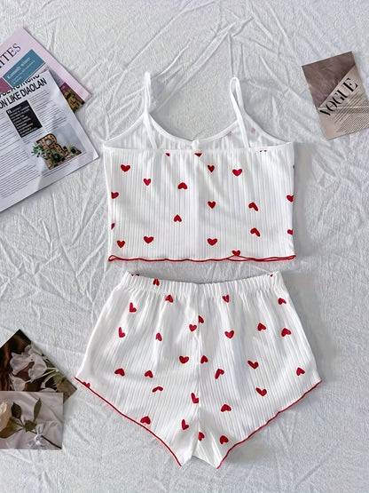 Damen Pyjama Set mit Herzchen-Muster und Schleifen – Zweiteiliger Schlafanzug, bequem & süß, ideal für Sommer