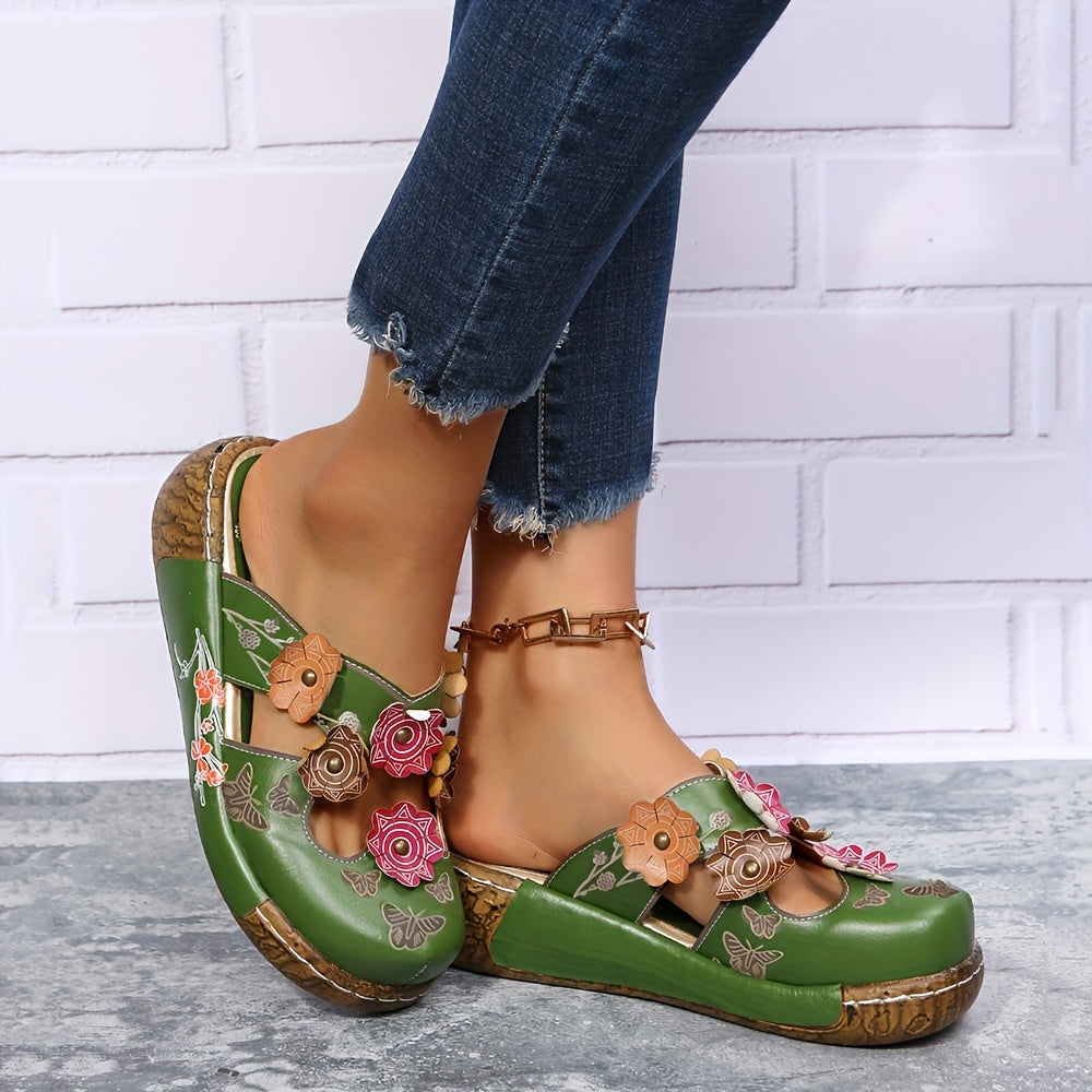 Damen Wedges Mules mit Blumen- und Schmetterlingsdesign – Boho Komfortschuhe