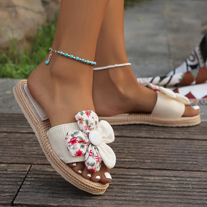 Damen Blumen-Slides Espadrille Stil – Modische Sommerschuhe mit großer Schleife