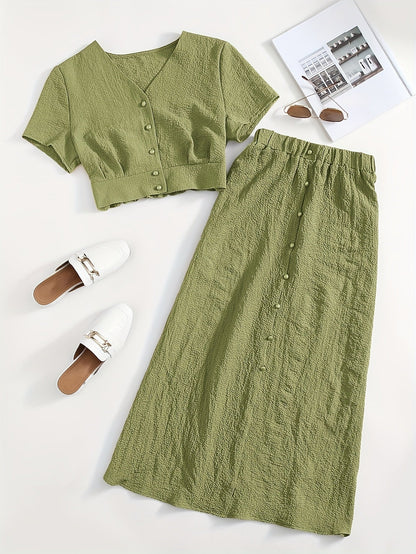 Damen Zweiteiler Set mit Crop Top und Midi Rock – Eleganter Freizeit-Look