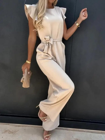 Damen Jumpsuit Elegant – Weite Passform mit Volantärmeln und Taillengürtel, ideal für Büro & Ausgehen