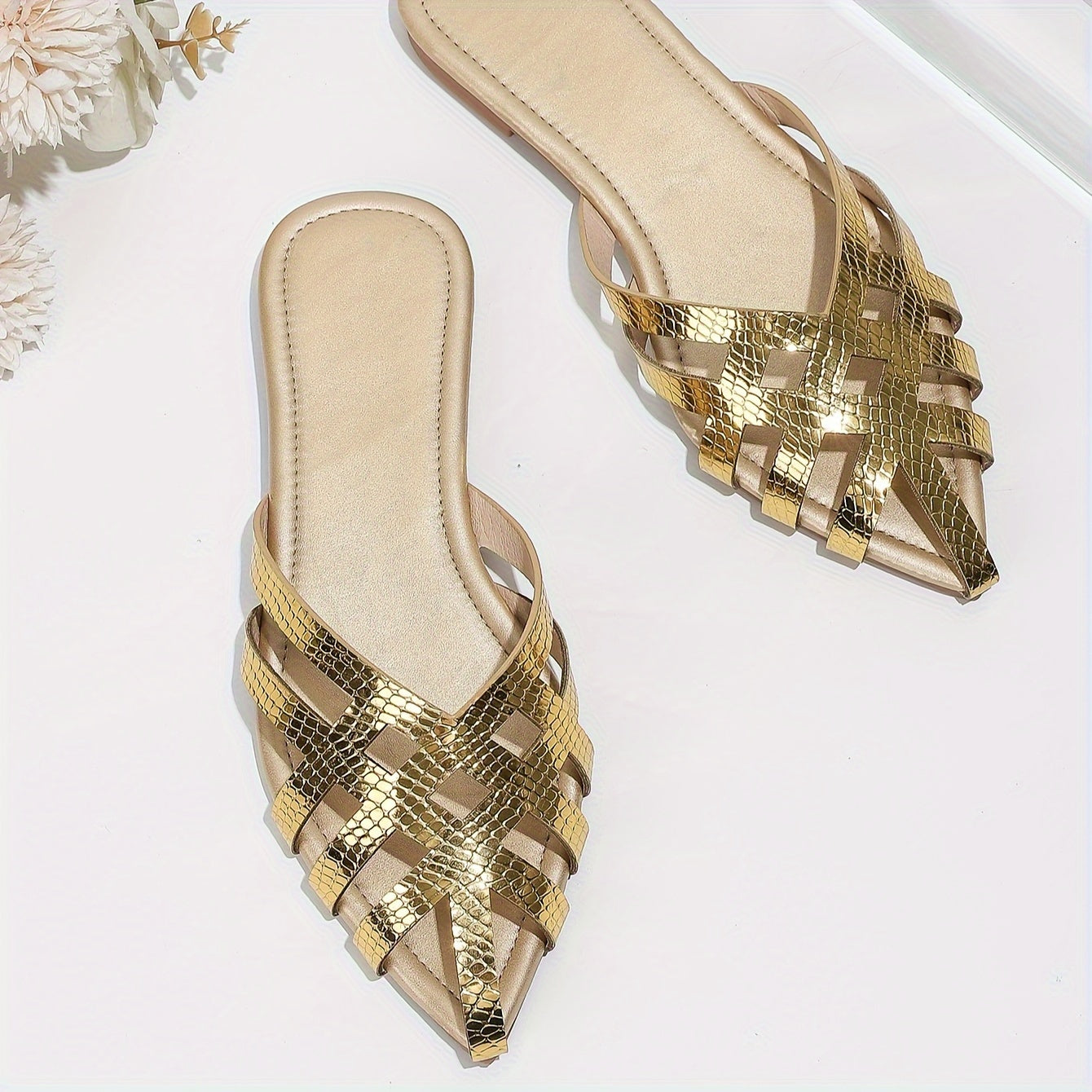 Damen Flache Mules mit Geflochtenem Design und Spitze – Elegante Slip-On Schuhe für Alltag und Ausgehen