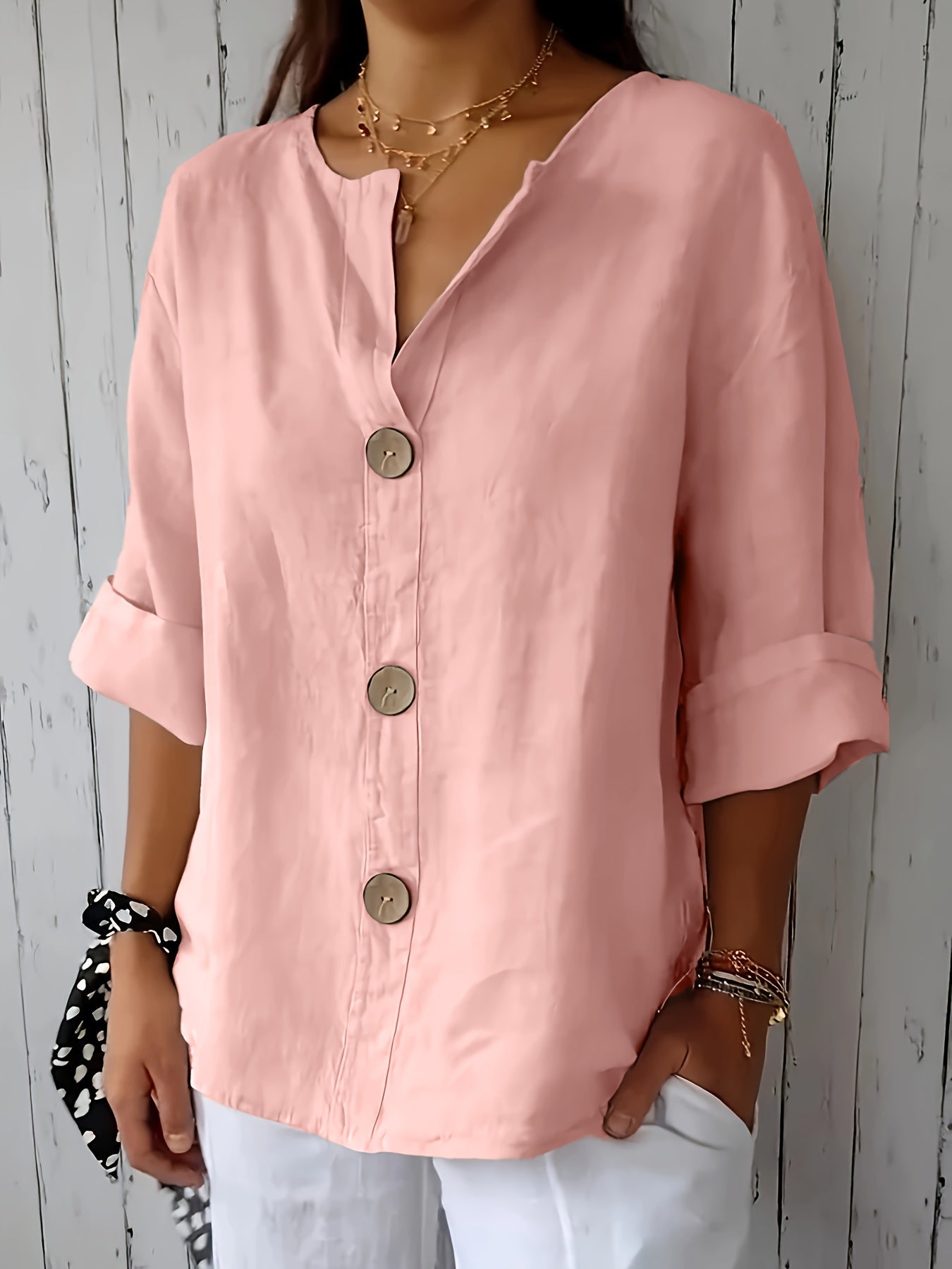 Damen Leinenbluse mit Knopfleiste und 3/4 Ärmeln – Eleganter Freizeit-Look für Alltag und Büro