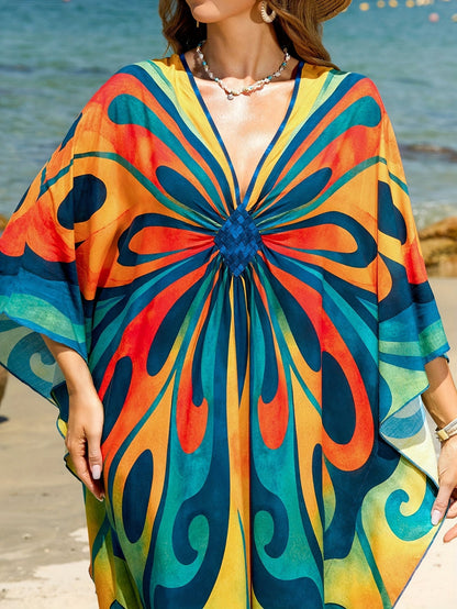 Damen Kaftan Maxi Strandkleid mit Schmetterlings-Print – Boho Urlaubs-Outfit