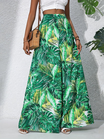 Damen Weite Palazzo-Hose mit tropischem Blattmuster – Sommerlich, Boho, Ideal für Strand & Freizeit