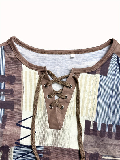 Damen Casual T-Shirt mit Schnürung und geometrischem Muster – Sommer Freizeitshirt mit V-Ausschnitt
