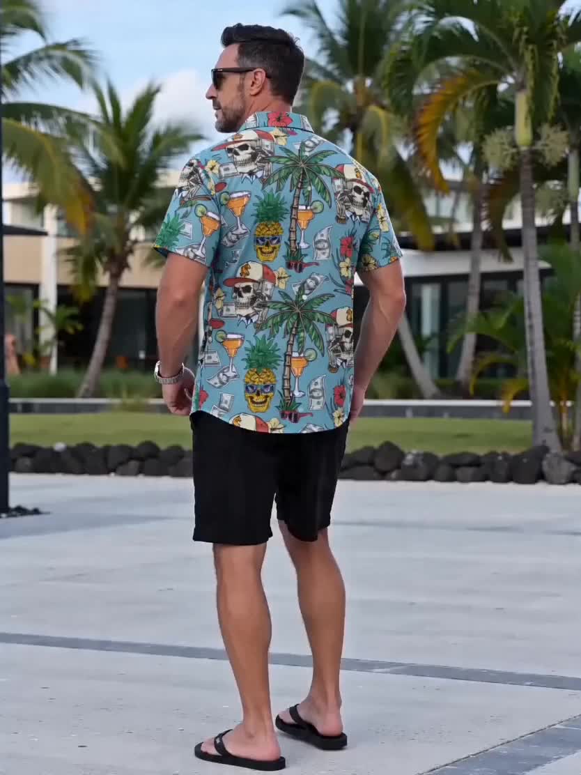 Herren Hawaiian Hemd mit Totenkopf und Sommermuster – Kurzarm, Party & Freizeit