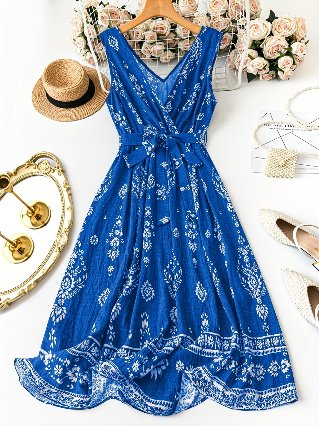 Damen Boho Maxikleid mit Gürtel und Vintage Print – Elegantes Sommerkleid für Alltag und besondere Anlässe