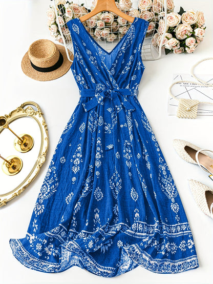 Damen Boho Maxikleid mit Gürtel und Vintage Print – Elegantes Sommerkleid für Alltag und besondere Anlässe