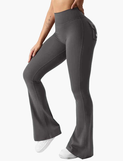 Damen Cargo Fitness Leggings mit Schlag – Trendige Bootcut Sporthose für Training & Freizeit