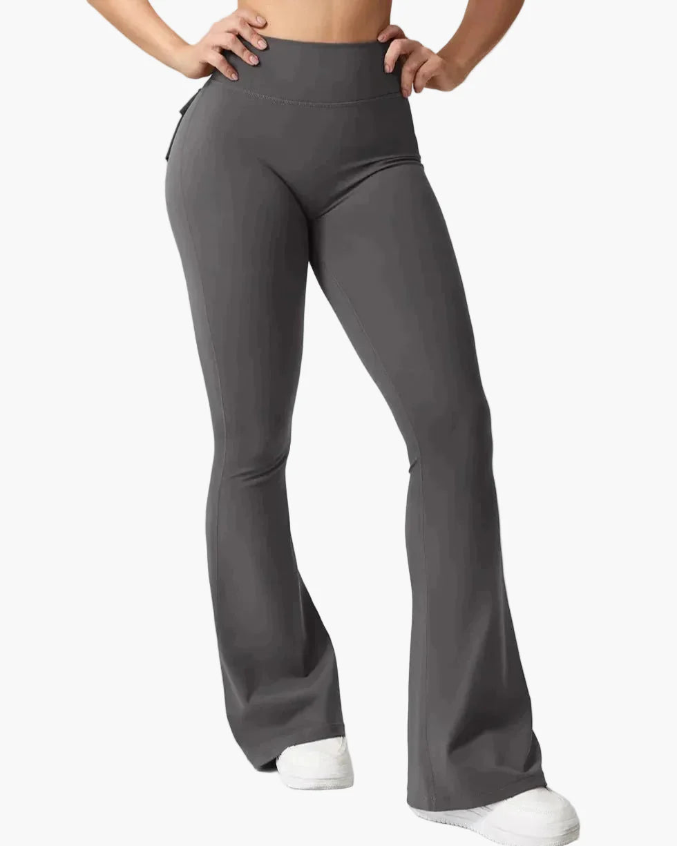 Damen Cargo Fitness Leggings mit Schlag – Trendige Bootcut Sporthose für Training & Freizeit