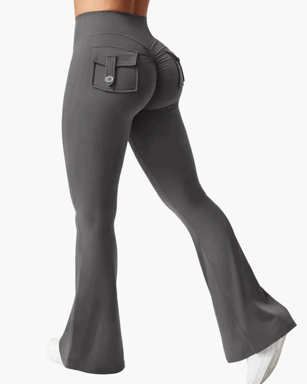 Damen Cargo Fitness Leggings mit Schlag – Trendige Bootcut Sporthose für Training & Freizeit