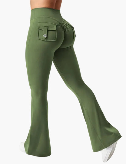 Damen Cargo Fitness Leggings mit Schlag – Trendige Bootcut Sporthose für Training & Freizeit