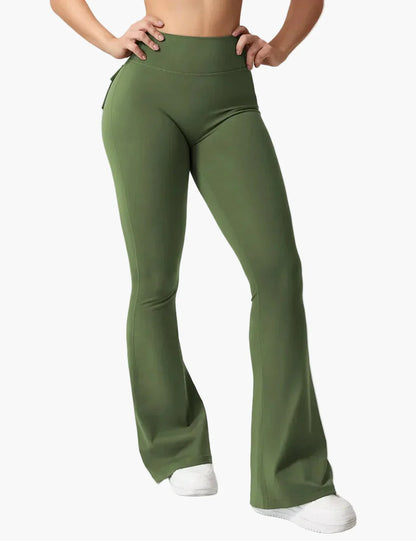 Damen Cargo Fitness Leggings mit Schlag – Trendige Bootcut Sporthose für Training & Freizeit