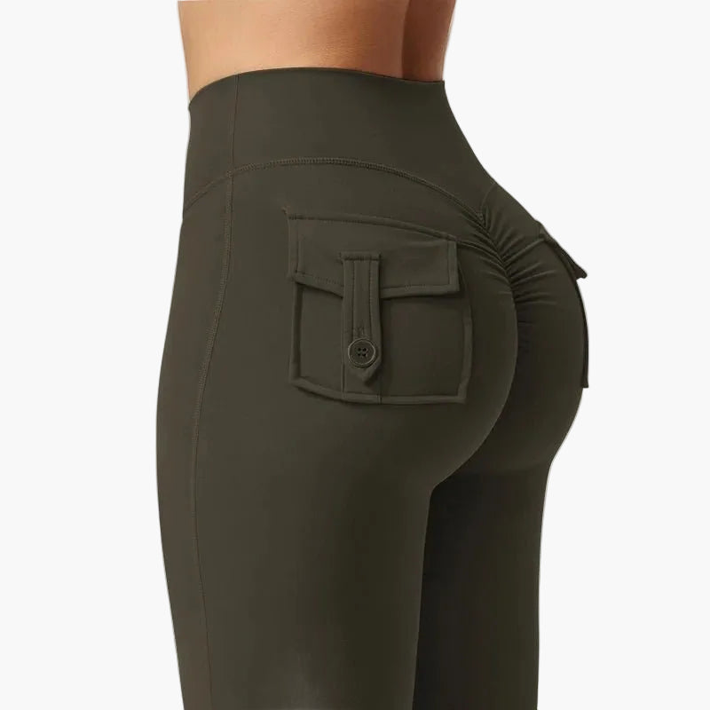Damen Cargo Fitness Leggings mit Schlag – Trendige Bootcut Sporthose für Training & Freizeit