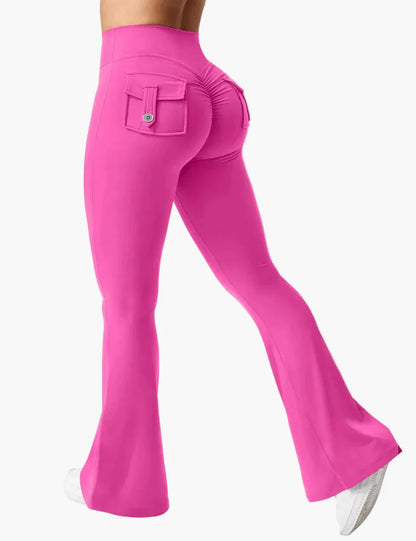 Damen Cargo Fitness Leggings mit Schlag – Trendige Bootcut Sporthose für Training & Freizeit