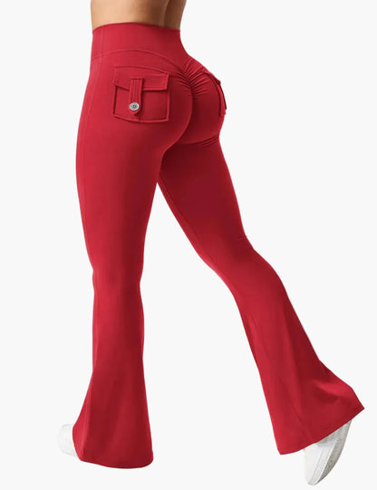 Damen Cargo Fitness Leggings mit Schlag – Trendige Bootcut Sporthose für Training & Freizeit