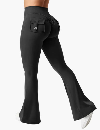 Damen Cargo Fitness Leggings mit Schlag – Trendige Bootcut Sporthose für Training & Freizeit