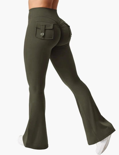 Damen Cargo Fitness Leggings mit Schlag – Trendige Bootcut Sporthose für Training & Freizeit