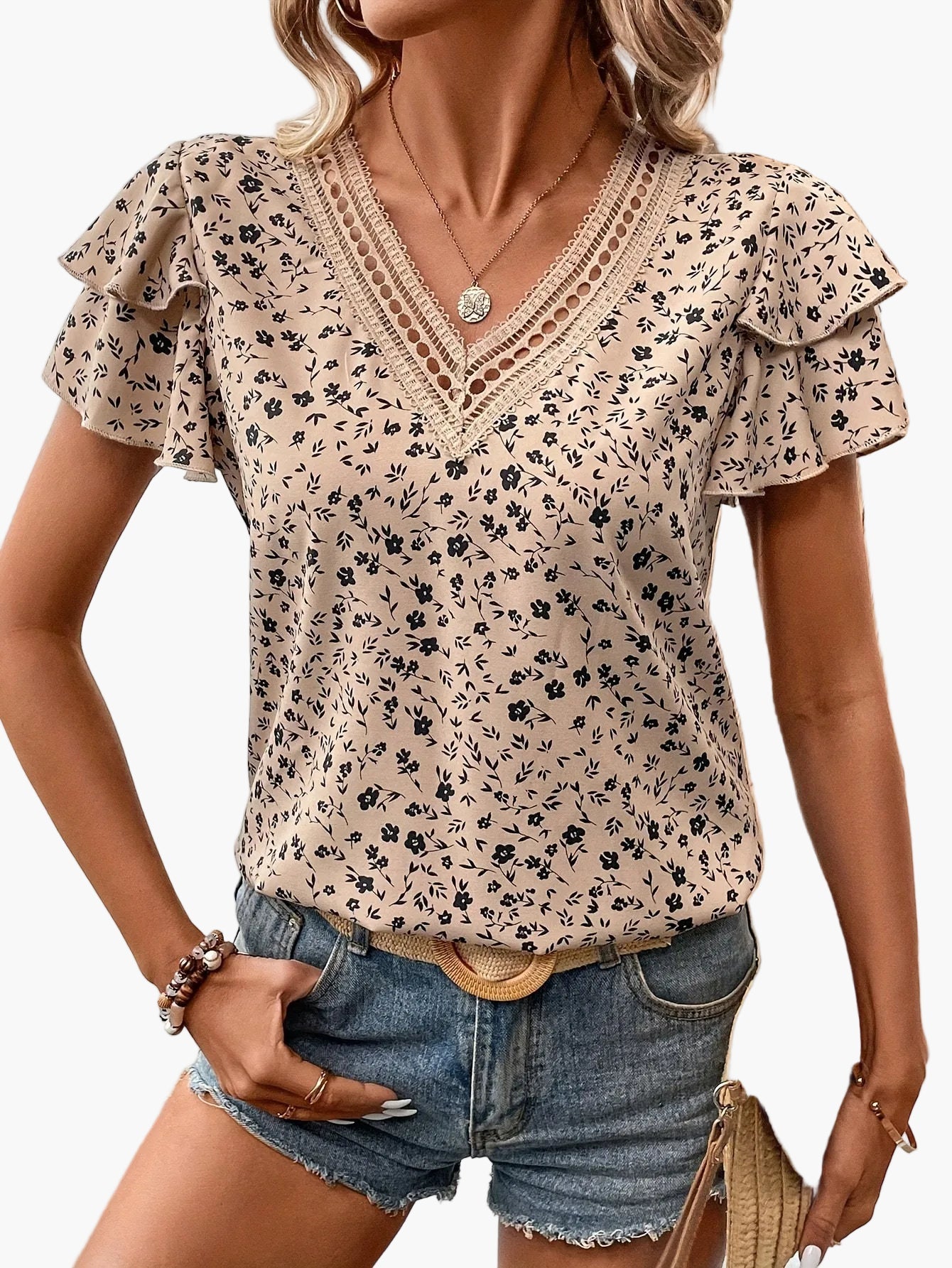 Damen Bluse mit V-Ausschnitt und Rüschenärmeln – Eleganter Sommer-Look für Alltag und Freizeit