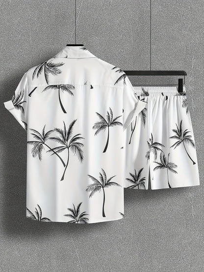 Herren Set Kurzarm Hemd und Shorts mit Palmenmuster – Lässiges Urlaubsoutfit