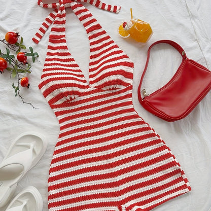 Damen Jumpsuit im Retro-Streifenlook mit Halterneck – Stilvoller Einteiler für Sommer, Strand und Freizeit