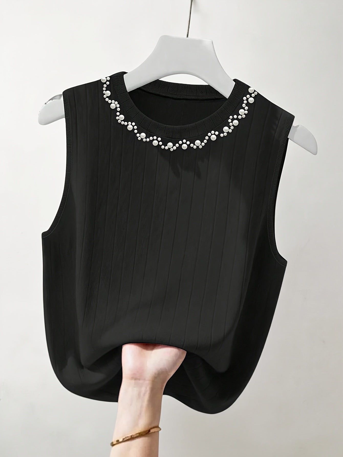 Damen Elegantes Stricktop mit Perlenbesatz, Ärmellos, Perfekt für Alltag und Büro