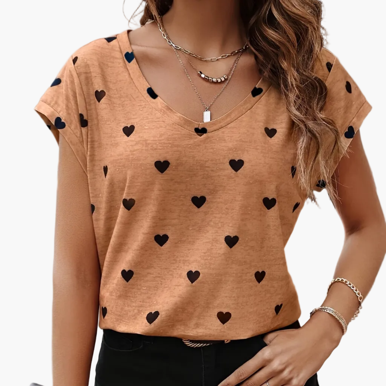 Damen Elegantes Herzmuster T-Shirt für Alltag und Freizeit