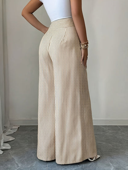 Damen Maritim-Style High-Waist Weitbein-Hose mit Streifen und Knopfdetails