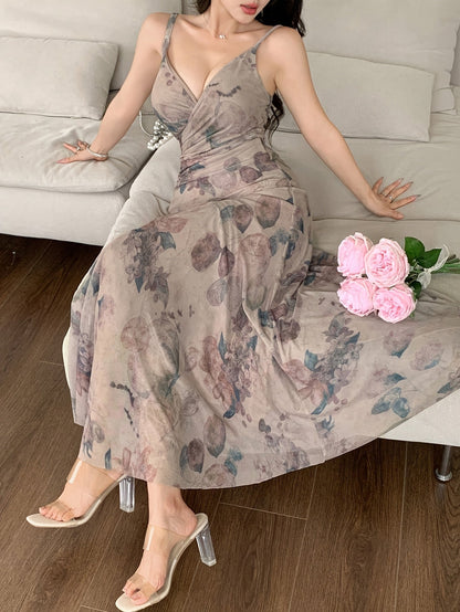 Damen Elegantes Maxikleid mit Wickeloptik und Blumenmuster – Perfekt für besondere Anlässe