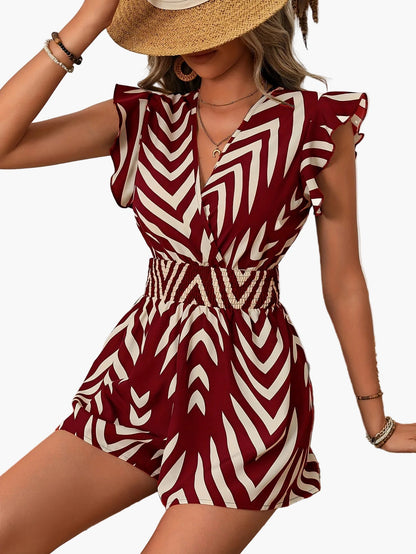 Damen Sommer-Jumpsuit Elegant mit Chevron-Muster und Rüschenärmeln – Perfekt für Urlaub & Freizeit