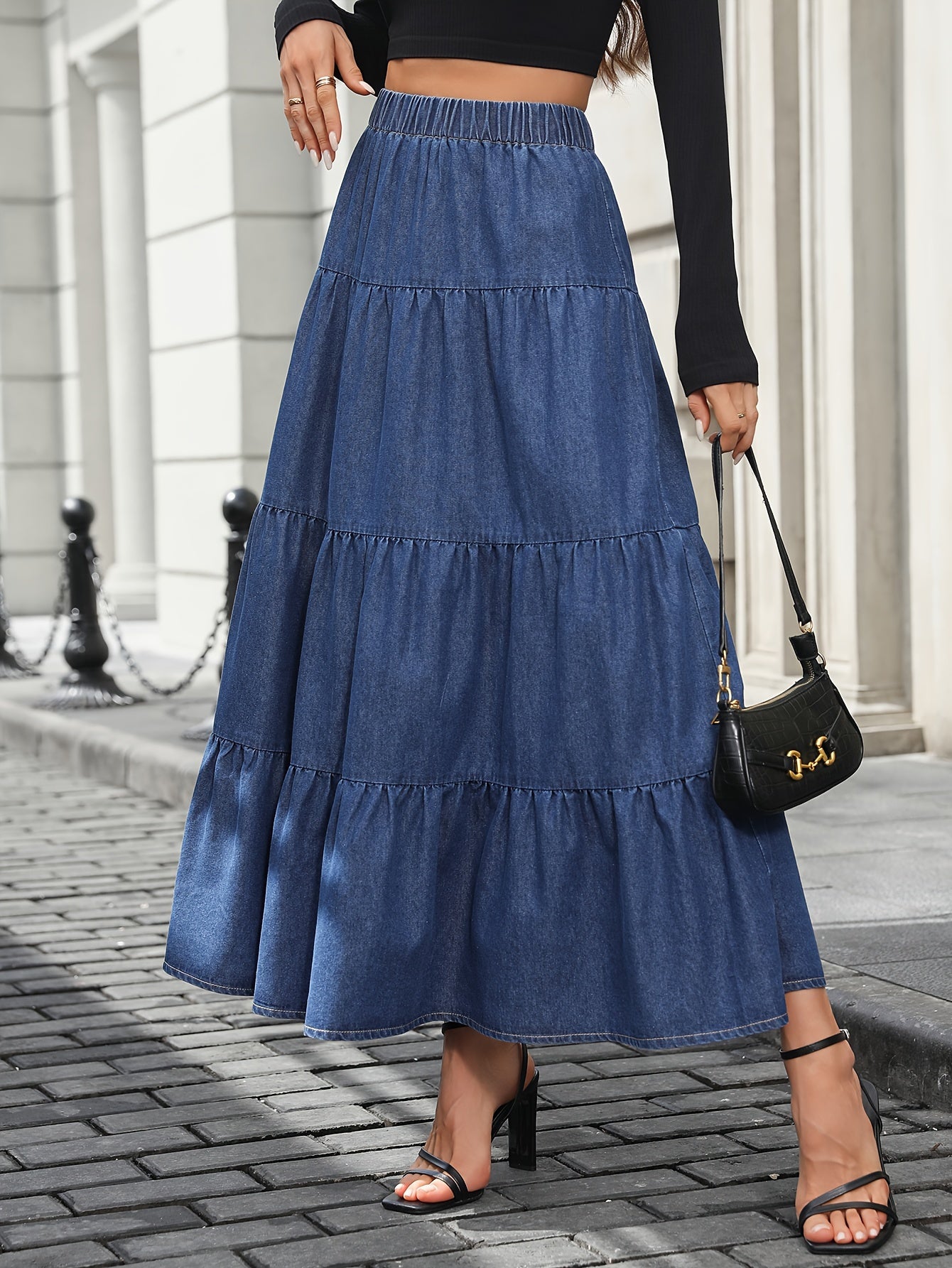 Damen Maxirock Elegant Ausgestellter Jeansrock für Alltag und Freizeit
