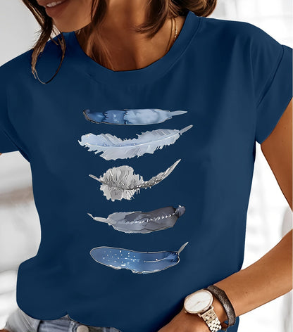 Damen T-Shirt mit künstlerischem Feder-Print – Lässiger Stil für Alltag & Freizeit