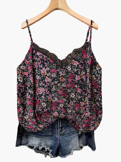 Damen Sommer-Top mit Blumenmuster und Spitzen-Detail – Lässiges Trägertop für Freizeit und Urlaub