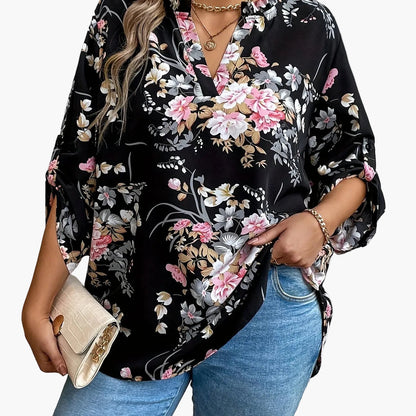 Damen Elegante Bluse mit Blumenmuster und V-Ausschnitt – Perfekt für Alltag und Büro