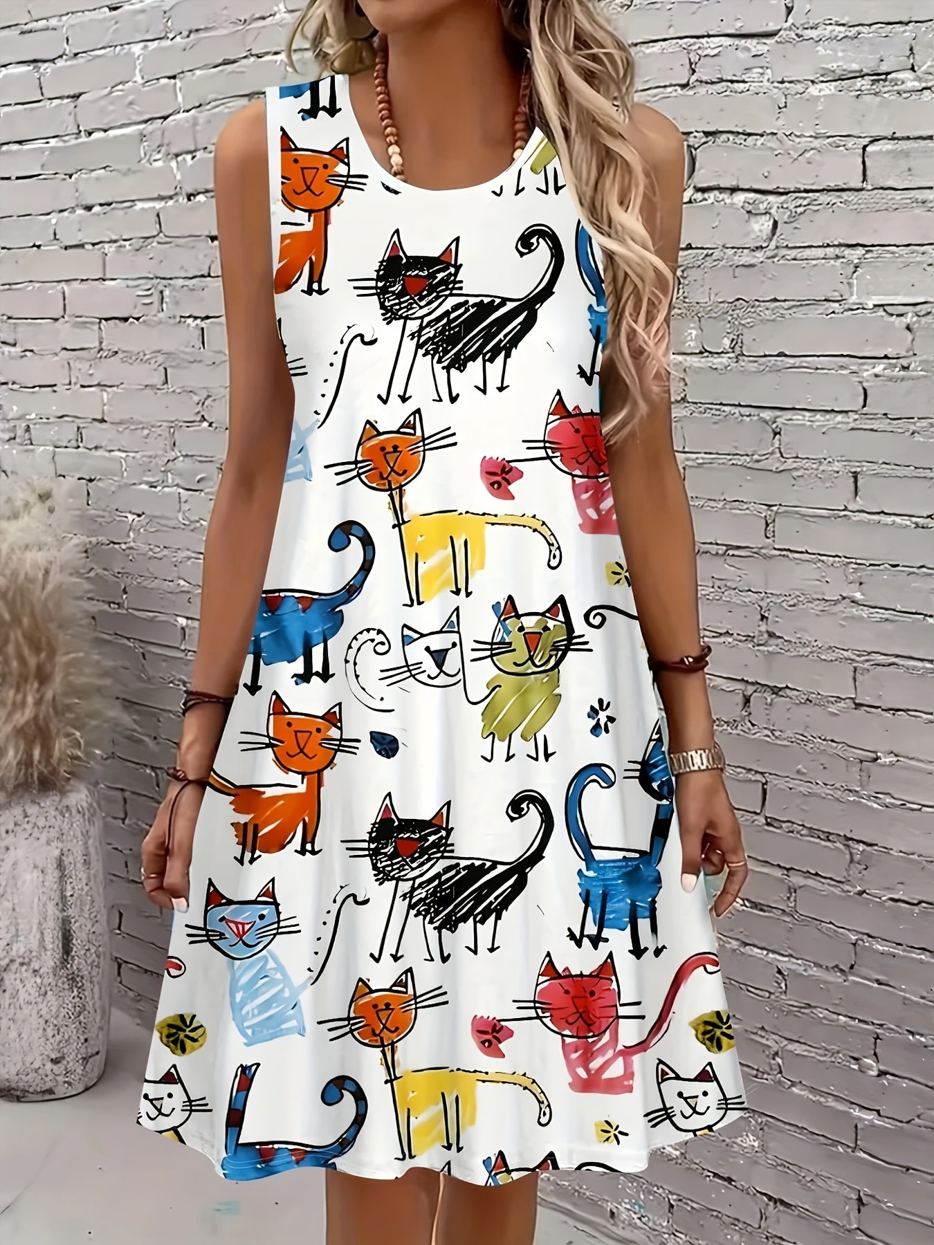 Damen Freizeitkleid mit buntem Katzen-Print – Verspieltes Sommerkleid für Katzenliebhaberinnen