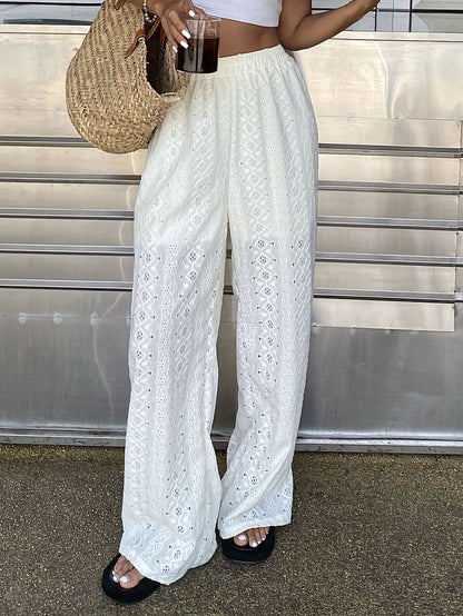 Damen Weite Broderie-Hose mit Spitze und Elastikbund – Eleganter Boho-Style für Strand und Freizeit