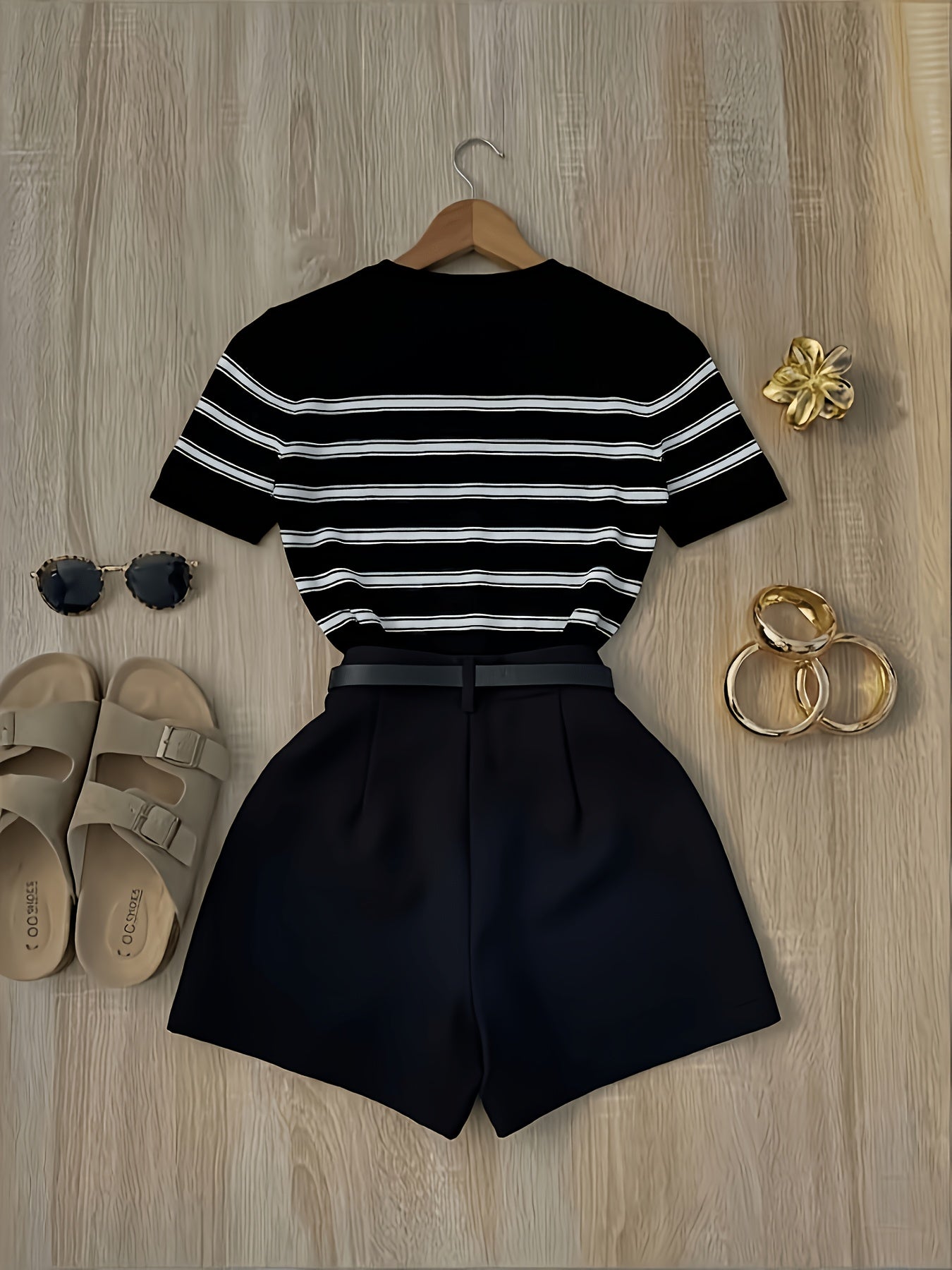 Damen Zweiteiliges Outfit – Gestreiftes Shirt & High-Waist Shorts im Casual-Chic Stil